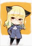  1girl adjusting_glasses animal_ears blonde_hair brown_eyes cat_ears chibi glasses glint hand_on_hip long_hair open_mouth perrine_h_clostermann sakura_akami solo strike_witches traditional_media 