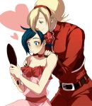  1boy 1girl androgynous ash_crimson bare_shoulders blonde_hair blue_eyes blue_hair blush breasts casual choker dress elisabeth_blanctorche embarrassed flower freckles hair_flower hair_ornament hair_over_one_eye hairband heart hetero king_of_fighters large_breasts mirror muse_(rainforest) nail_polish pink_dress short_hair strapless_dress 