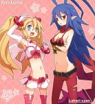  1boy 1girl 2girls antenna_hair armpits belt blonde_hair blue_eyes blue_hair blush bosutafu bracelet breasts character_name cleavage crossed_arms disgaea disgaea_d2 flonne hair_ornament heart jewelry laharl laharl-chan long_hair magical_girl mound_of_venus multiple_girls navel open_mouth pointy_ears pure_flonne red_eyes slit_pupils star twintails very_long_hair 