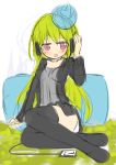  1girl blush green_hair headphones ico_(green_bullet) kimidori_(ico) long_hair original red_eyes sitting sketch solo thigh-highs 