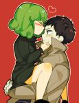  black_dress blush carrying coat couple curly_hair dress green_hair hetero incipient_kiss oka-kiii onepunch_man short_hair tatsumaki zombieman 