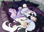  2girls @_@ black_hair black_legwear black_panties blush character_doll drooling fujiwara_no_mokou futon houraisan_kaguya inaba_tewi inaho_(inaho777) lace-trimmed_panties lying multiple_girls navel on_back on_side open_mouth panties pillow red_eyes see-through silver_hair sleeping touhou underwear underwear_only 