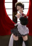  1girl apron black_legwear brown_eyes brown_hair curtains detached_collar flower headdress highres hukasikasi idolmaster idolmaster_cinderella_girls maid maid_headdress rose short_hair tougou_ai 