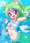  :d fish_tail green_hair jewelry long_hair mermaid midriff monster_girl muromi-san namiuchigiwa_no_muromi-san necklace open_mouth red_eyes scales seashell shell smile twintails 