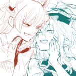  2girls closed_eyes friends fujiwara_no_mokou kamishirasawa_keine laughing monochrome multiple_girls shinoasa smile touhou 