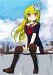  1girl blush ico_(green_bullet) kimidori_(ico) long_hair original school_uniform serafuku sitting solo thigh-highs 