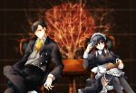  1boy 1girl alternate_costume black_hair blue_eyes blue_hair book butler enmaided formal glasses hiitako maid maid_headdress necktie persona persona_4 persona_4_the_golden shirogane_naoto short_hair sitting skirt suit tatsumi_kanji thigh-highs 