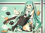  1girl blush boots cat detached_sleeves green_eyes green_hair hatsune_miku long_hair necktie sitting skirt solo thigh-highs thigh_boots twintails utsumi_sae very_long_hair vocaloid 