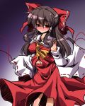  1girl blush brown_hair detached_sleeves empty_eyes hair_ribbon hair_tubes hakurei_reimu long_hair nikke red_eyes ribbon solo sweat touhou 