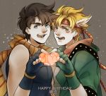  2boys blonde_hair blue_eyes brown_hair caesar_anthonio_zeppeli canislatrans chinese facial_mark feathers fingerless_gloves gloves green_eyes green_jacket happy_birthday headband heart heart_hands heart_hands_duo jacket jojo_no_kimyou_na_bouken joseph_joestar_(young) multiple_boys scarf 