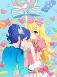  2girls aikatsu! balloon blonde_hair blue_hair blush candy cane closed_eyes couple earrings gloves hair_ornament hand_kiss heart highres holding_hands hoshimiya_ichigo jewelry kiriya_aoi kiss light_smile long_hair multiple_girls ponytail ribbon side_ponytail star white_gloves yoban yuri 