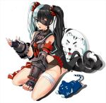  1girl animal aqua_eyes aqua_hair bandages belt black_hair blade_&amp;_soul collar eyepatch fingerless_gloves gauntlets gloves kneeling lhu_(barappra1) long_hair multicolored_hair pohwaran scrunchie small_breasts solo tiger twintails two-tone_hair very_long_hair white_tiger 