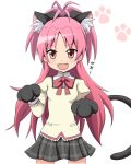  animal_ears bow cat_ears cat_paws cat_tail fangs gloves hair_bow juliet_sleeves kemonomimi_mode long_hair long_sleeves looking_at_viewer mahou_shoujo_madoka_magica mai_(t-5) open_mouth paw_gloves paw_print paws pink_eyes pink_hair puffy_sleeves sakura_kyouko school_uniform shirt skirt smile solo tail very_long_hair 