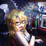  1girl blonde_hair computer feather_quilt fingerless_gloves glasses gloves hair_ornament hairclip hat kirisame_marisa long_hair open_mouth ribbon solo touhou wink witch_hat yellow_eyes 