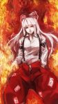  1girl baggy_pants buckle colored_eyelashes fire fujiwara_no_mokou hand_in_pocket highres lie_fox long_sleeves pants parted_lips red_eyes shirt solo suspenders touhou white_hair white_shirt 
