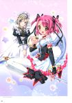  2girls :d absurdres blue_eyes bracelet brown_eyes brown_hair character_request copyright_request detached_sleeves dress hair_ribbon highres jewelry kamiya_maneki legs maid_headdress multiple_girls open_mouth pink_hair ribbon scythe smile tagme thigh-highs two_side_up white_legwear wings 