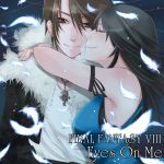  1boy 1girl black_hair brown_eyes brown_hair closed_eyes feathers final_fantasy final_fantasy_viii fur_trim griever hayate_cc highres hug jacket jewelry long_hair looking_at_viewer necklace rinoa_heartilly short_hair smile squall_leonhart title_drop 