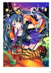  1girl absurdres animal_ears black_legwear blue_hair breasts candy cat_ears cat_tail eyepatch garter_straps halloween highres kamiya_maneki lollipop necktie orange_legwear paw_pose polearm pumpkin red_eyes star striped striped_legwear swirl_lollipop tagme tail thigh-highs trident twintails weapon 