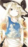  1girl adapted_costume apron blonde_hair blue_sky braid clouds flower grey_eyes grin hair_ribbon hand_in_hair hat highres jewelry kirisame_marisa necklace pendant ribbon shirt short_sleeves single_braid skirt sky sky_print smile solo star sunflower touhou vest waist_apron witch_hat yushika 