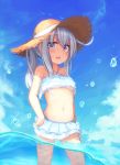  alternate_hairstyle bird blue_eyes blush clouds cloudy_sky eyebrows_visible_through_hair hair_between_eyes hat hibiki_(kantai_collection) highres kantai_collection looking_at_viewer ocean ponytail reitou_mikan seagull silver_hair sky straw_hat swimsuit white_swimsuit 