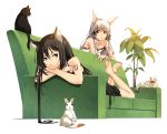  2girls :&lt; :3 animal_ears arm_support bare_shoulders barefoot black_dress black_hair breasts brown_eyes carrot cat cat_ears cleavage couch dress hair_twirling kimura_(ykimu) lying multiple_girls original rabbit rabbit_ears red_eyes white_dress white_hair 