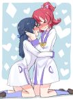  &gt;_&lt; 2girls aida_mana blue_hair blush braid closed_eyes couple dokidoki!_precure heart heart_background hishikawa_rikka hug kneeling long_hair multiple_girls ponytail precure redhead school_uniform simple_background sketch yoban yuri 