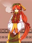  1girl adapted_costume alternate_hairstyle chinese_clothes clover_(lapis_lazure) dress ear_piercing hands_in_sleeves hat hong_meiling jewelry long_hair long_sleeves low-tied_long_hair piercing pipe pointy_ears ponytail red_eyes redhead single_earring smoking solo star tabard touhou very_long_hair white_dress wide_sleeves 