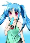  1girl bare_shoulders blue_hair blush camisole eating gradient gradient_background hair_ribbon lyrical_nanoha mahou_shoujo_lyrical_nanoha mahou_shoujo_lyrical_nanoha_a&#039;s mahou_shoujo_lyrical_nanoha_a&#039;s_portable:_the_battle_of_aces material-l multicolored_hair popsicle remu-0918 ribbon skirt solo striped twintails violet_eyes 