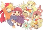  2boys 2girls bandana blonde_hair blue_eyes book braid brown_eyes brown_hair female juju_coo_shnamur kukuri long_hair mahoujin_guruguru male multiple_boys multiple_girls nike_(mahoujin_guruguru) poo_(donkan_gokko) red_hair sandals short_hair staff toma_parott turban twin_braids twintails 