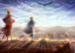  1boy 1girl ahoge armlet bird blonde_hair bracelet fate/stay_night fate_(series) from_behind gilgamesh jewelry lilin99jh necklace robe saber sky toga 