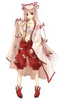  1girl aeolus baggy_pants bandages coat fujiwara_no_mokou full_body hair_ribbon long_hair pants red_eyes red_shoes ribbon sarashi shoes silver_hair simple_background solo standing touhou tress_ribbon very_long_hair white_background wide_sleeves 