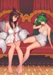  2girls ahri animal_ears babydoll bare_legs bare_shoulders barefoot black_hair breasts cleavage foreshortening fox_ears fox_tail green_eyes green_hair large_breasts league_of_legends lingerie long_hair multiple_girls multiple_tails panties sitting smile sona_buvelle tail thigh_gap two_side_up underwear very_long_hair white_panties yellow_eyes yuksi 