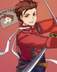  1boy belt brown_eyes brown_hair dual_wielding kamabo_ko lloyd_irving poster_(object) red_background scarf sheath simple_background smile solo suspenders sword tales_of_(series) tales_of_symphonia wanted weapon 