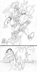  backpack bag blood comic dio_brando graphite_(medium) jojo_no_kimyou_na_bouken jonathan_joestar punching traditional_media translation_request utano 