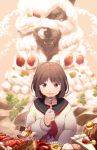  1girl bob_cut brown_eyes brown_hair cake cream food fork fruit osanai_yuki parfait school_uniform serafuku shoushimin_series sopra strawberry strawberry_tart wolf 