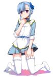  1girl apron bangs blue_hair bow fin_e_ld_si_laffinty hair_bow hand_on_own_chest kneeling panties pantyshot parted_bangs rinne_no_lagrange short_hair sleeves_rolled_up solo thigh-highs underwear violet_eyes white_legwear white_panties yaya_hinata 