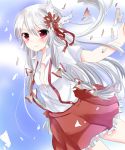  1girl adapted_costume blue_sky clouds flower fujiwara_no_mokou hair_flower hair_ornament hair_ribbon highres long_hair looking_at_viewer ohitashi open_clothes open_hand open_shirt outstretched_arm red_eyes ribbon short_sleeves skirt sky smile solo suspenders torn_ribbon touhou very_long_hair white_hair wind 