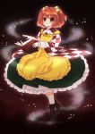  1girl apron bell blush book checkered checkered_shirt clothes_writing hair_bell hair_ornament highres jingle_bell long_sleeves looking_at_viewer motoori_kosuzu red_eyes redhead short_hair smile solo steam touhou twintails usacan wide_sleeves 