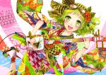 1girl :d blush butterfly cable flower goggles goggles_on_head green_eyes green_hair gumi hair_flower hair_ornament highres instrument japanese_clothes kanipanda kimono obi open_mouth shamisen short_hair smile tabi vocaloid 