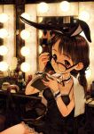  1w2k adjusting_glasses animal_ears book bottle brown_eyes brown_hair bunny_girl bunny_tail cane choker glasses hair_brush jar lightbulb mirror original ponytail rabbit_ears scissors sitting tail umbrella wrist_cuffs 