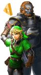  2boys armor beard belt blonde_hair blue_eyes chainmail earrings eyebrows facial_hair fingerless_gloves ganondorf gloves grey_skin hat height_difference jewelry link multiple_boys oetarou orange_hair pointy_ears pouch scabbard sheath sword the_legend_of_zelda thick_eyebrows triforce tunic unsheathing vambraces weapon yellow_eyes 