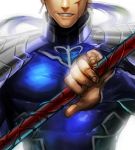  1boy awa_suna blue_hair earrings fate/stay_night fate_(series) gae_bolg head_out_of_frame jewelry lancer long_hair polearm ponytail solo spear weapon 