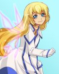  1girl alternate_wings blonde_hair blue_background blue_eyes choker colette_brunel gloves jewelry kamabo_ko long_hair necklace simple_background smile solo tales_of_(series) tales_of_symphonia wings 