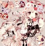  1girl asymmetrical_clothes brown_eyes cat chain dog eyeshadow fingernails hair_ornament hand_puppet highres long_hair looking_at_viewer makeup maruino microphone open_mouth original pelt pig puppet silver_hair smile solo stuffed_toy twintails wolf 