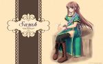  1girl artist_name bird black_legwear blue_eyes blush boots brown_hair character_name cross-laced_footwear dlsite.com dress highres hummingbird jewelry lace-up_boots necklace sarah_(you_haruka) sitting solo thigh-highs wallpaper you_haruka 