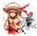  1girl ascot blonde_hair character_name flandre_scarlet grin hat hat_ribbon red_eyes ribbon short_hair side_ponytail simple_background smile solo toma_(me666nm) touhou white_background wings work_in_progress 
