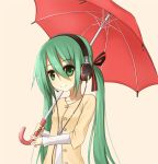  1girl green_eyes green_hair hatsune_miku headphones headset long_hair silent_sakia smile solo twintails umbrella vocaloid 