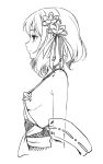  1girl aida_takanobu bare_shoulders breasts detached_sleeves flower hair_flower hair_ornament idolmaster idolmaster_cinderella_girls mole monochrome profile short_hair sideboob smile solo takagaki_kaede 