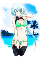  1girl bare_shoulders bikini blue_eyes blue_hair breasts cleavage green_bikini halter_top halterneck kawagishi_keitarou long_hair maji_de_watashi_ni_koi_shinasai!_s mound_of_venus navel pants_pull ponytail rough shirt_lift side-tie_bikini smile solo swimsuit undressing very_long_hair youshi_(majikoi) 