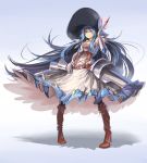  1girl adapted_costume alternate_headwear armor armored_dress belt blue_eyes blue_hair boots breasts cross-laced_footwear gauntlets hand_on_hat hat hinanawi_tenshi knee_boots long_hair ruukii_drift shirt skirt solo touhou very_long_hair 